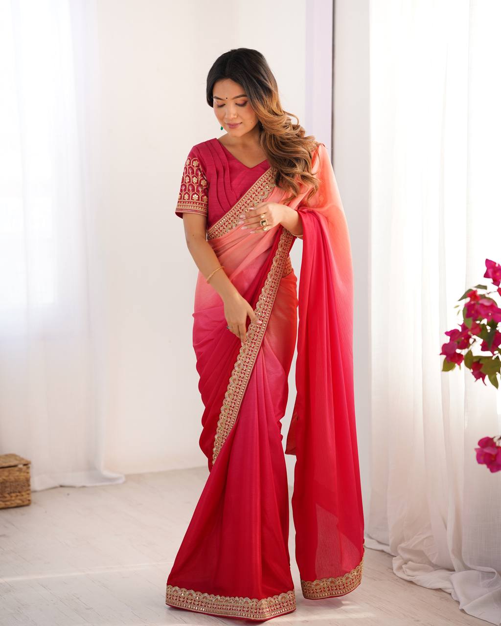 Women's Elegant Ombre Green Georgette Saree with Intricate Golden Zari & Stone Embellishments β Complete with Heavily Worked Blouse for Festive & Wedding Wear - Image 24