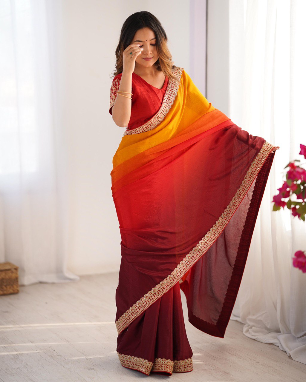 Women's Elegant Ombre Green Georgette Saree with Intricate Golden Zari & Stone Embellishments β Complete with Heavily Worked Blouse for Festive & Wedding Wear - Image 8